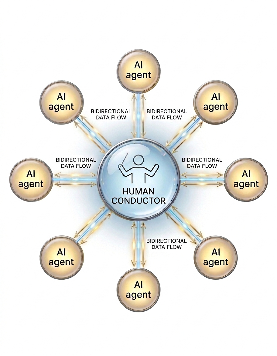 Architecture diagram showing a Human Conductor at the centre connected via bidirectional data flows to eight surrounding AI agent nodes